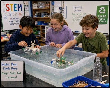Children testing a STEM boat design in a water bin